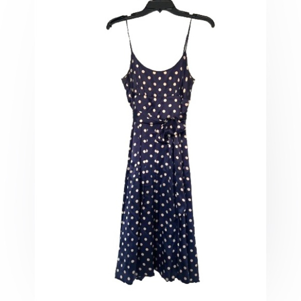 Vintage 90’s BCBG Paris 100% Silk Navy and White Polka Dot Midi Dress   Size 8